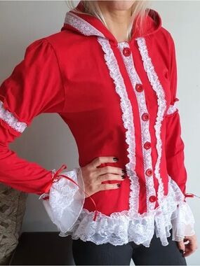 Vintage Poizen Industries Lolita Hoodie Red & White Lace
